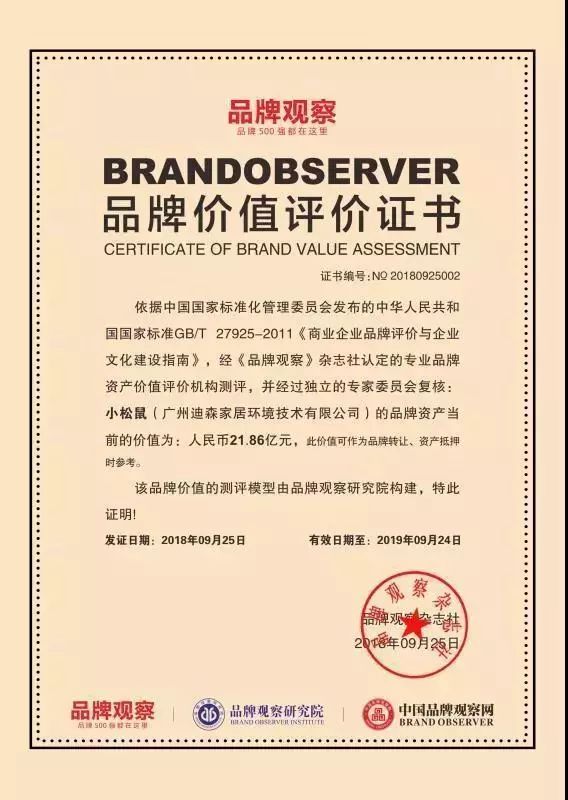 小松鼠壁掛爐品牌價值評定證書